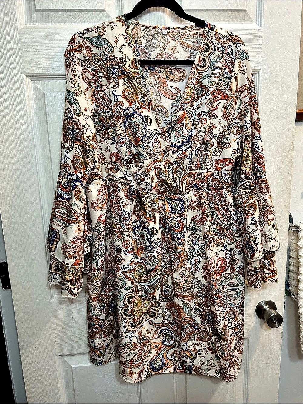 Umgee Boho Paisley Bell Sleeve Tunic Dress Cream & Blue Large